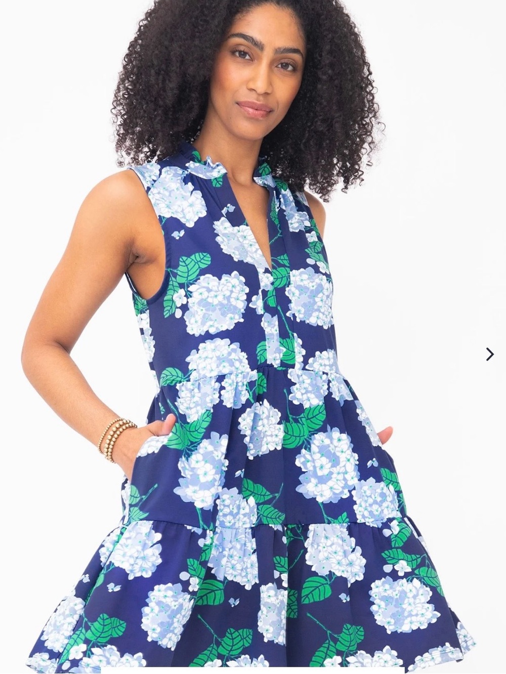 MAHI GOLD Navy Blue Floral Sleeveless Dress with Light Blue & Green Print